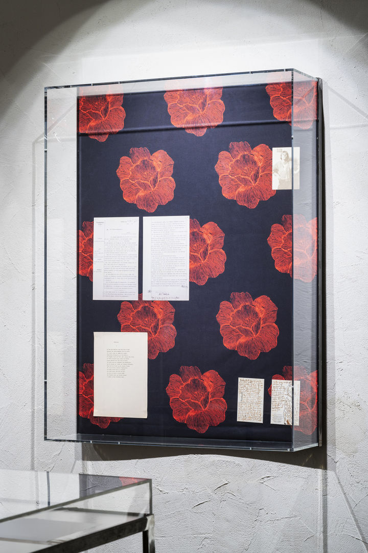 Sitara Abuzar Ghaznawi Showcase (Flower 2), 2020 Laserprint on cotton, facsimiles from Emmy Hennings archives, plexiglass and steel 120 x 100 cm 47 1/4 x 39 3/8 in