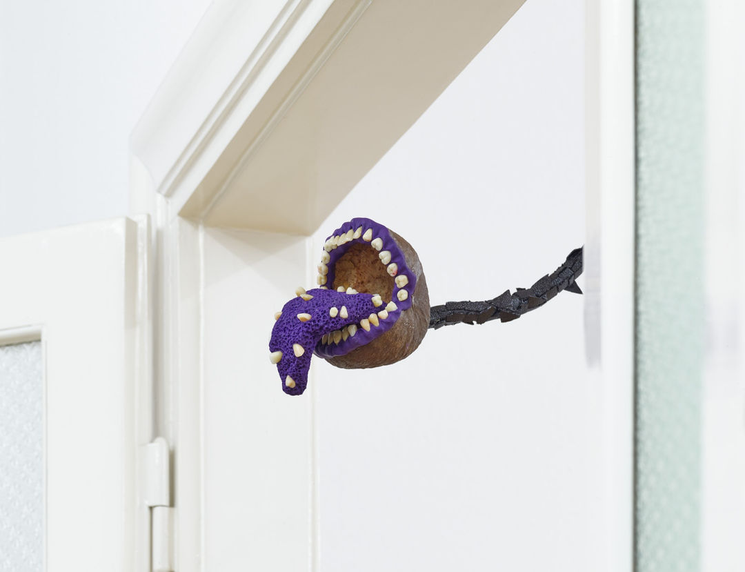 PRZEMEK BRANAS Plotka 7 [Rumour 7], 2020-2021 Emu ostrich eggshells, Sterculia Foetida tree nutshells, acrylic, modelling clay, aluminium, insulating tape, glue 23 x 176 x 20 cm | 9 1/8 x 69 1/4 x 7 7/8 in