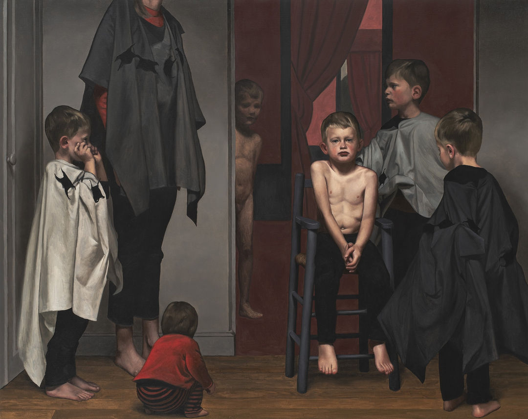 François Malingrëy, La chambre rouge, Devant la chambre rouge, huile sur toile, 130 x 162 cm