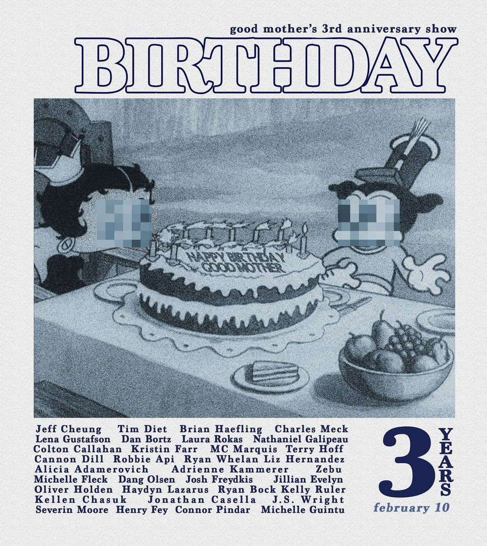 image card featuring list of artists included in the birthday show with a graphic of a cartoon character blowing out candles on a cake