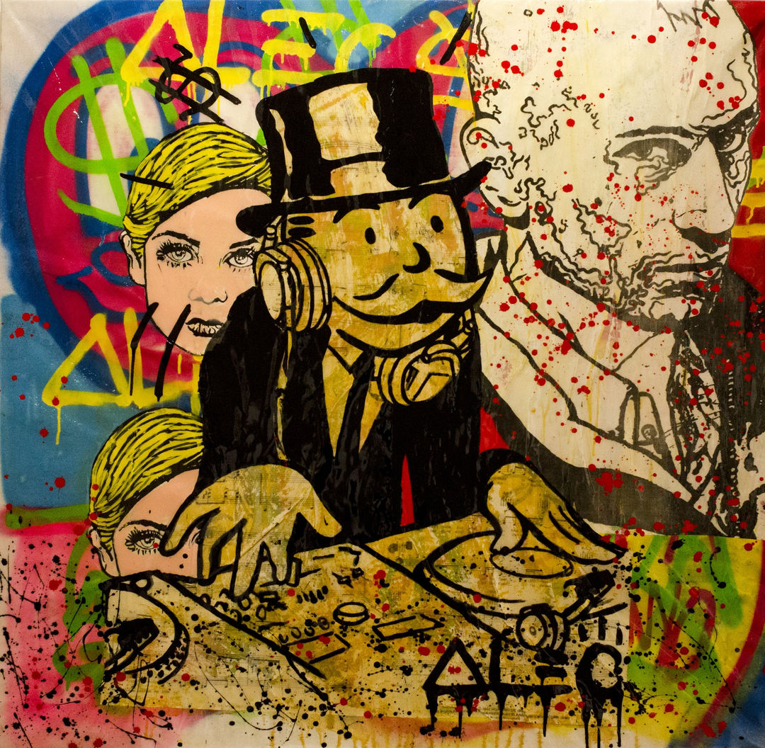 Alec Monopoly Monopoly DJ - Bob & Twiggy, 2013, Spray paint and acrylic on canvas, 135 x 135 cm