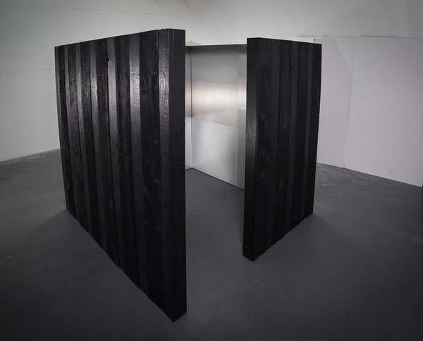 Shou Sugi Ban, charred wood structure, interior paintings, pigment, urethane, aluminum, 84 x 84 x 84 inches, 2015