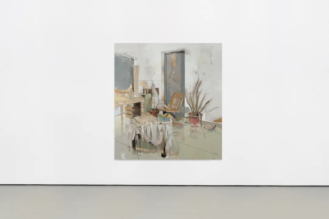 Installation shot of Ayotunde Ojo, Deep Waking, 2025 Oil, acrylic and charcoal on canvas. 170.2 x 157.5 cm, 67 x 62 in