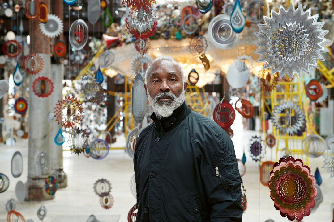 Nick Cave with his work Until at Carriageworks, Sydney, Australia. Photo: Zan Wimberley.