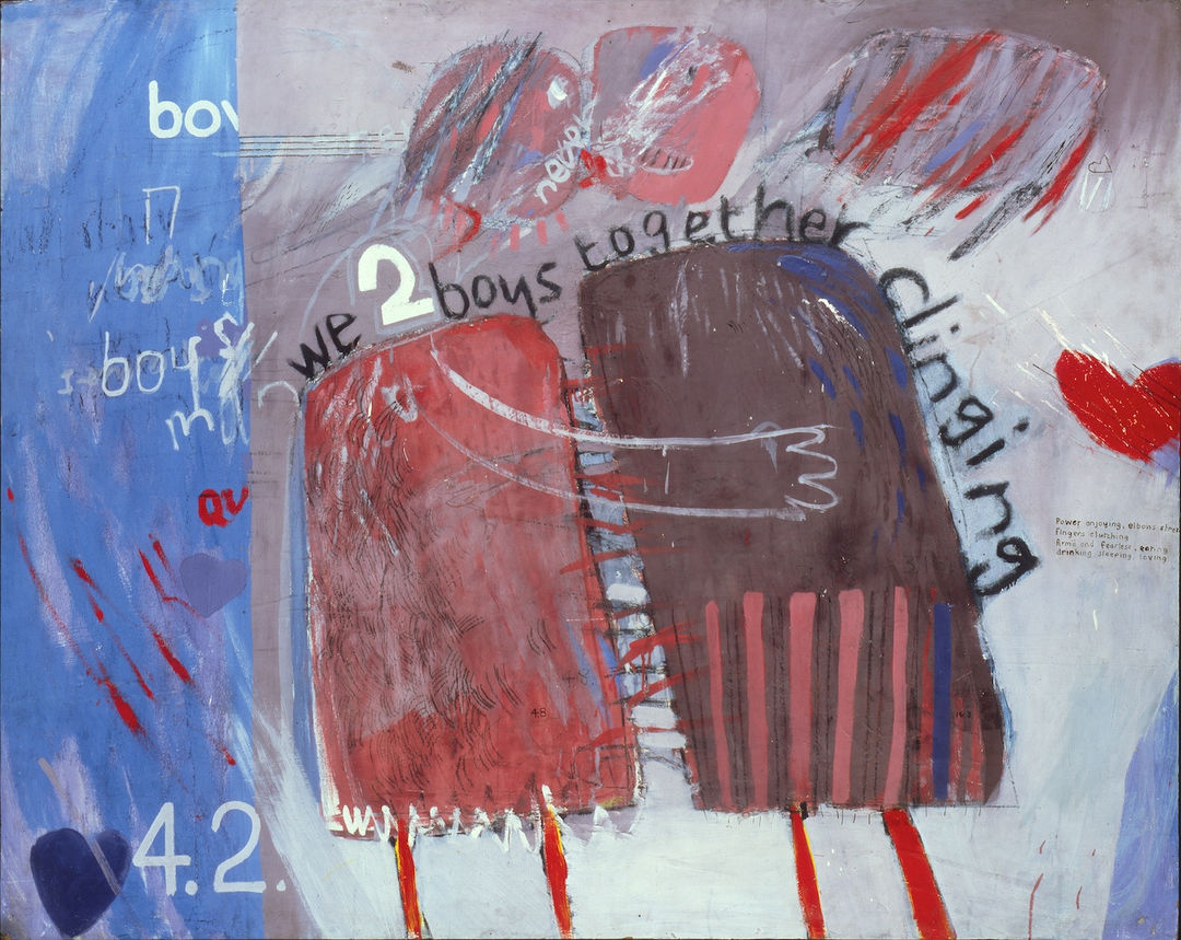 David Hockney, “We Two Boys Together Clinging” (1961), oil on board, 48 x 60 inches; © David Hockney; photo: Prudence Cuming Associates Arts Council Collection, Southbank Centre, London