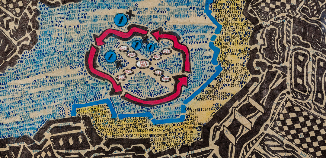 George Widener (b. 1962), "Untitled (with Red Arrows)," 2025. Marker, ink and paint on brown paper, 19 1/4 x 29 3/4 in. (detail)