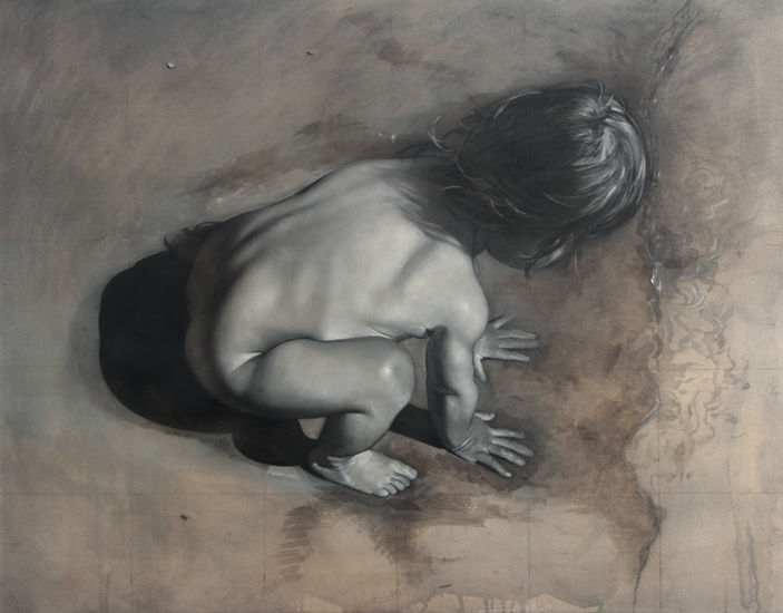 Tomas Watson, SM, summer 2025, Charcoal, sumi-e ink, raw sepia, cassia, black tea and white&nbsp;gouache on canvas, 39" x 51"