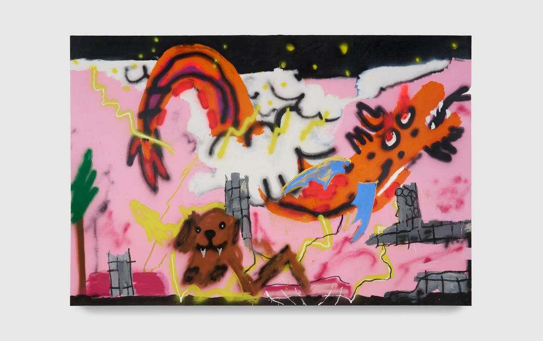 A painting by Robert Nava of a brown dog with fangs in a cityscape with an orange dragon flying across a pink sky.