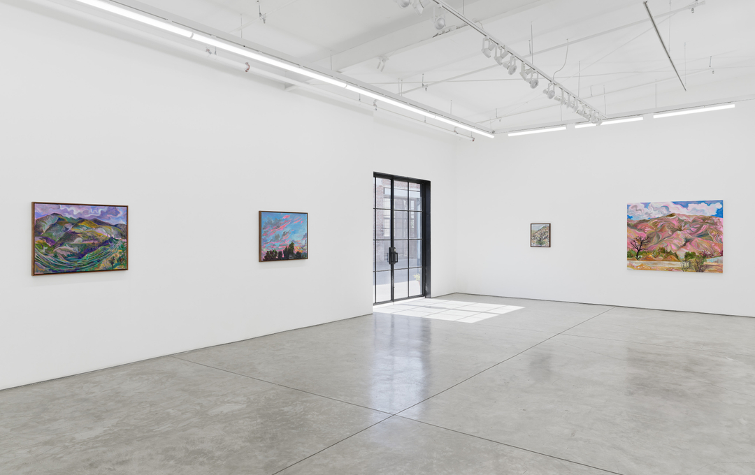 A painting by Mira Dancy of a hillside landscape rendered in pink hues.