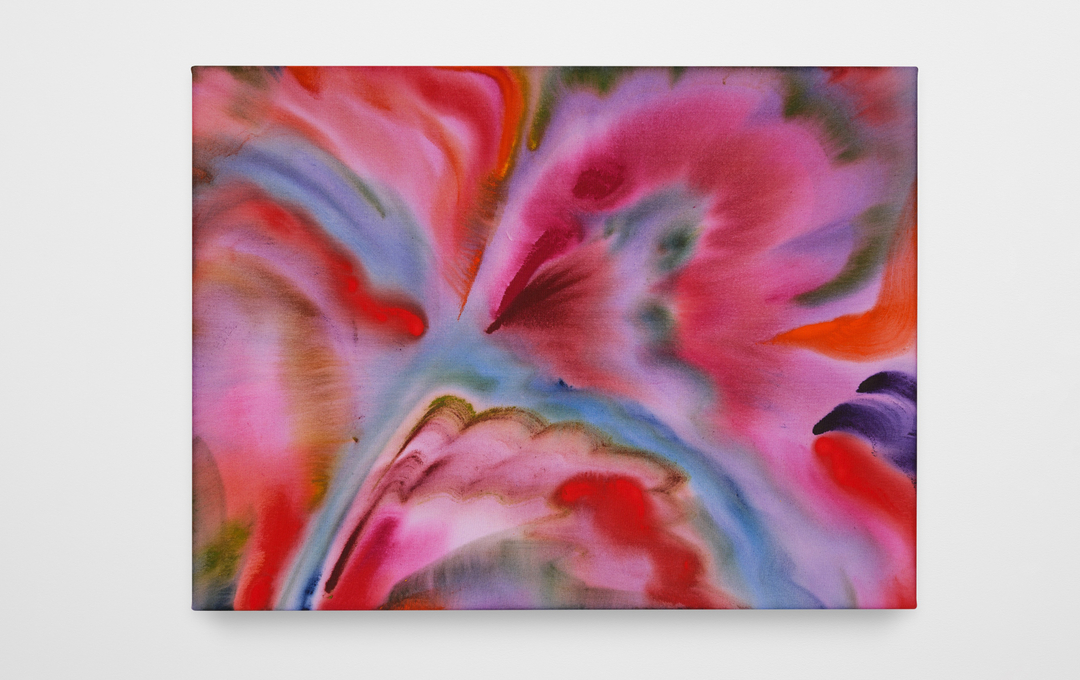 A painting by Sarah Blaustein of fuchsia, blue, pink and orange abstract forms.