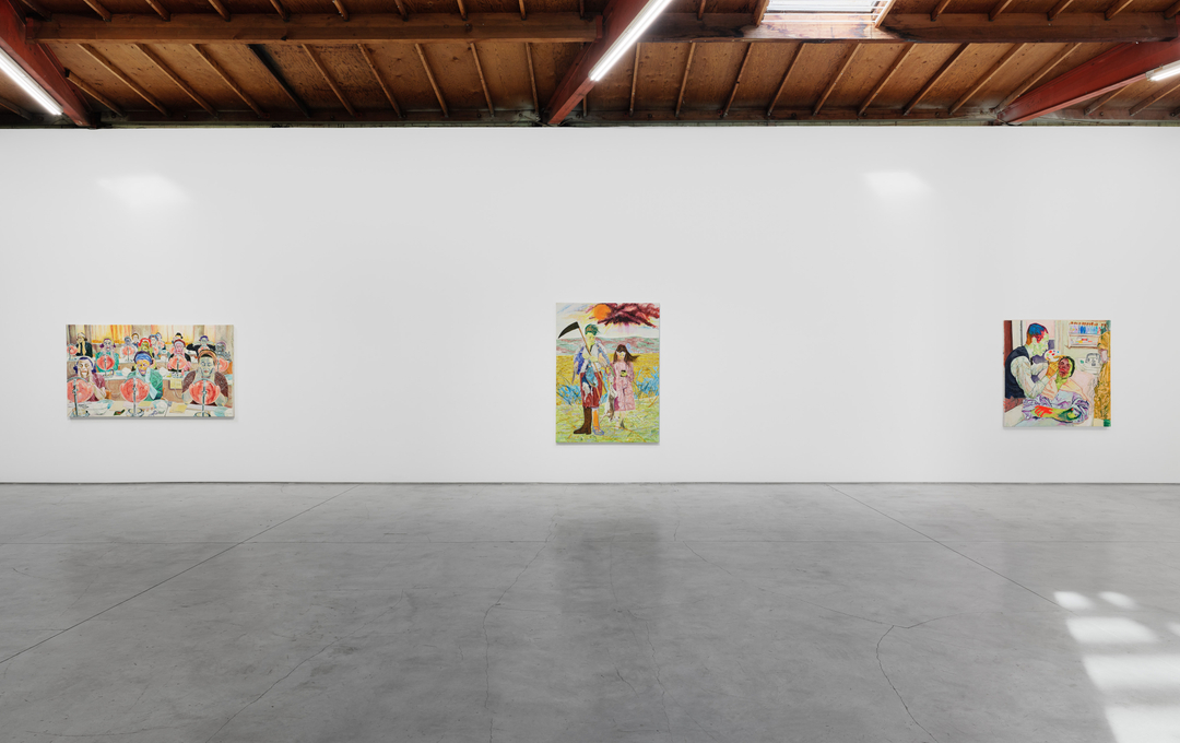 Detail of a painting by Farley Aguilar of a group of women applying ointments at desks in rows looking into identical mirrors. 
