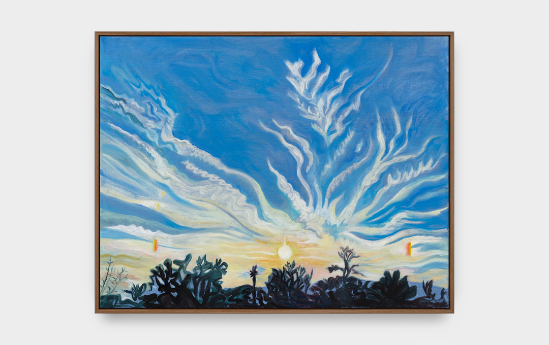 A painting by Mira Dancy of a hillside landscape rendered in pink hues.