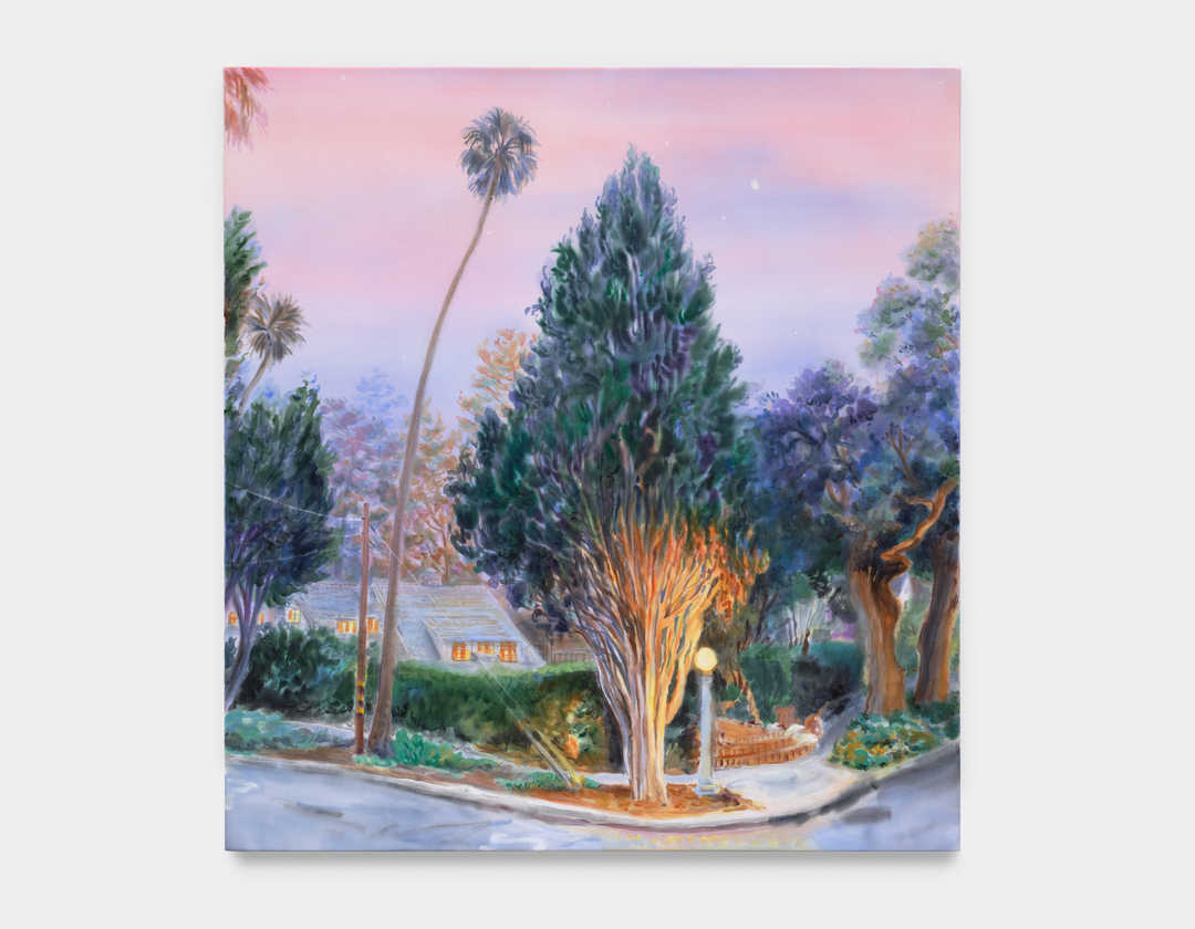 A painting by Michelle Blade of a residential tree lined street at dusk