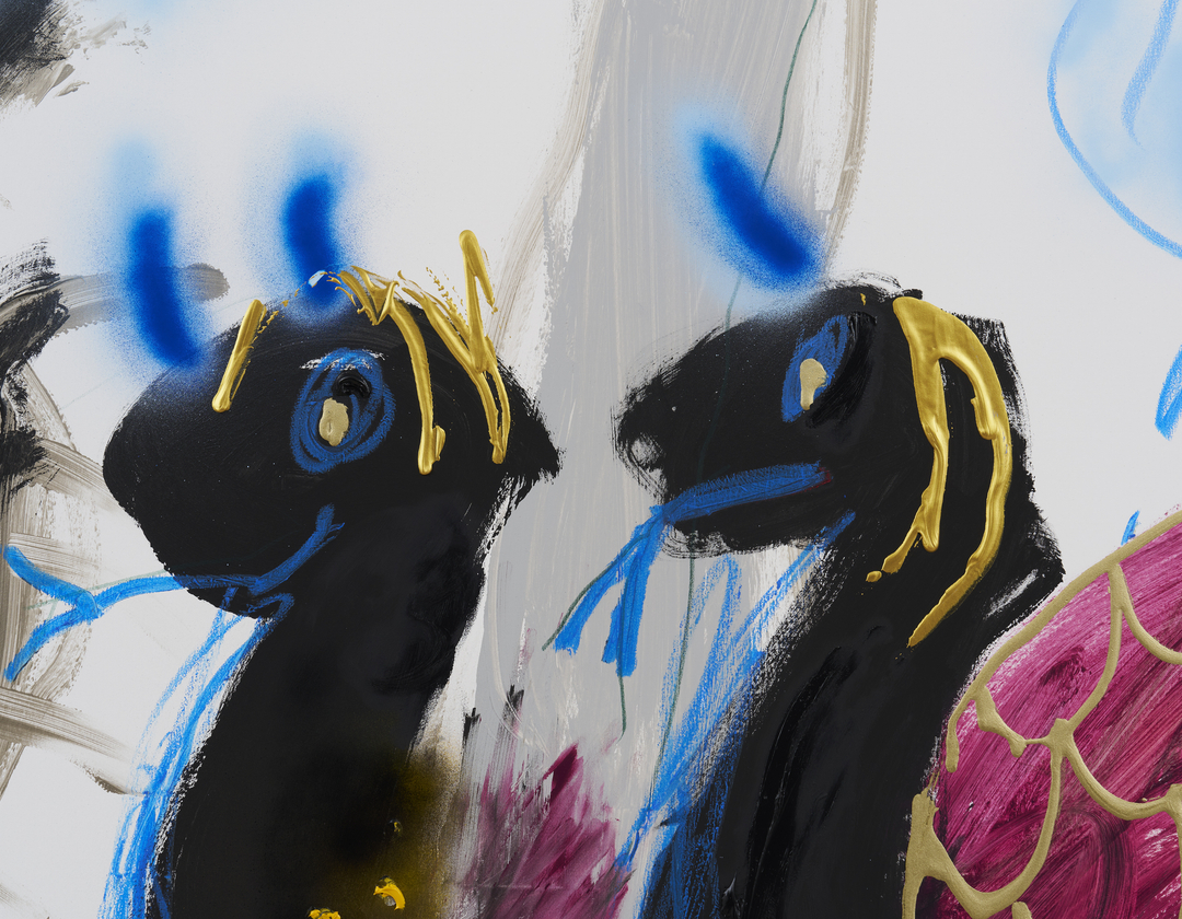 Detail of a painting of three sharks by Robert Nava