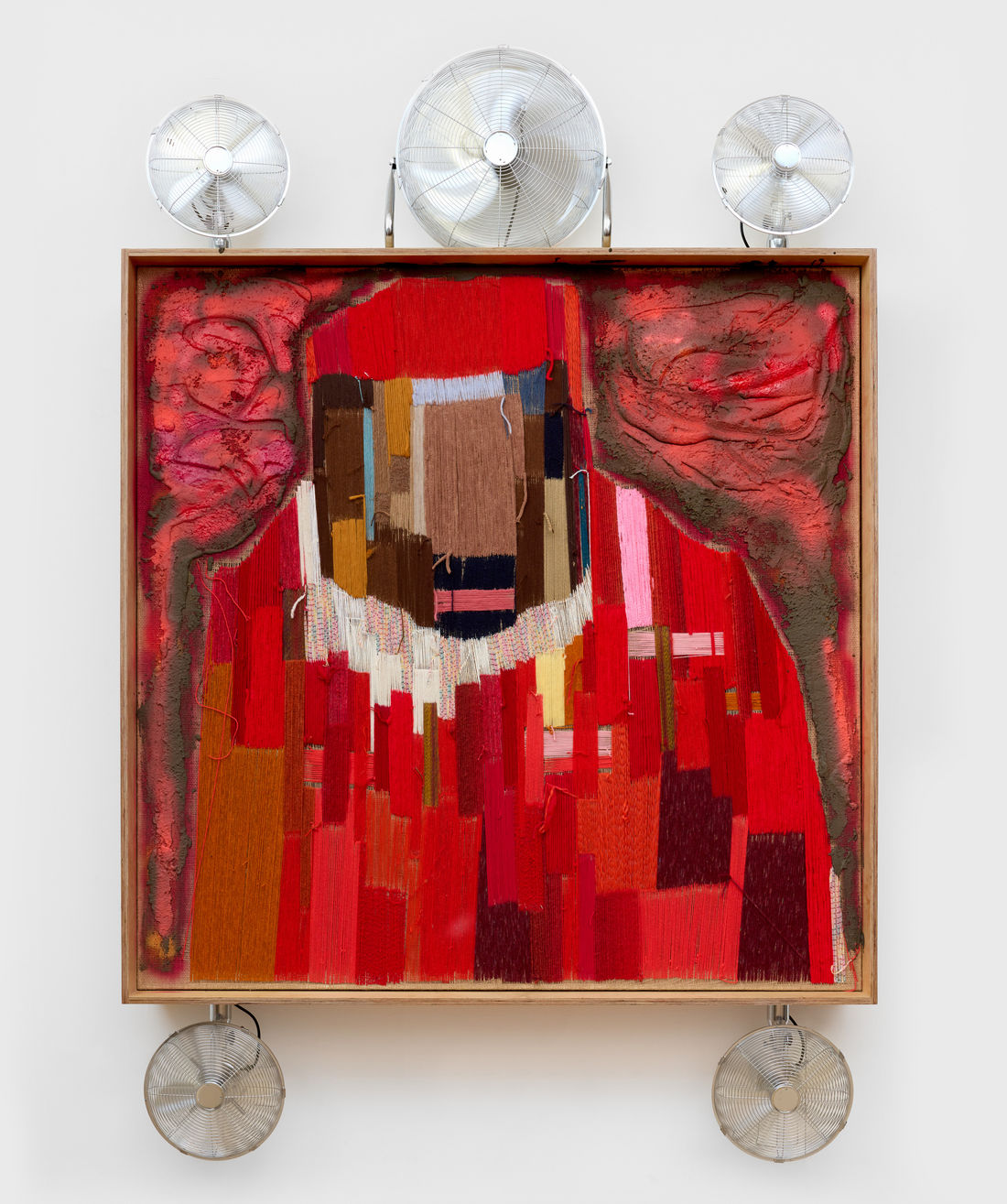 Alvaro Barrington Tupac Surrounded by His Fans, 2024 Yarn, concrete and acrylic on burlap in wooden frame, 4 fans, 66...