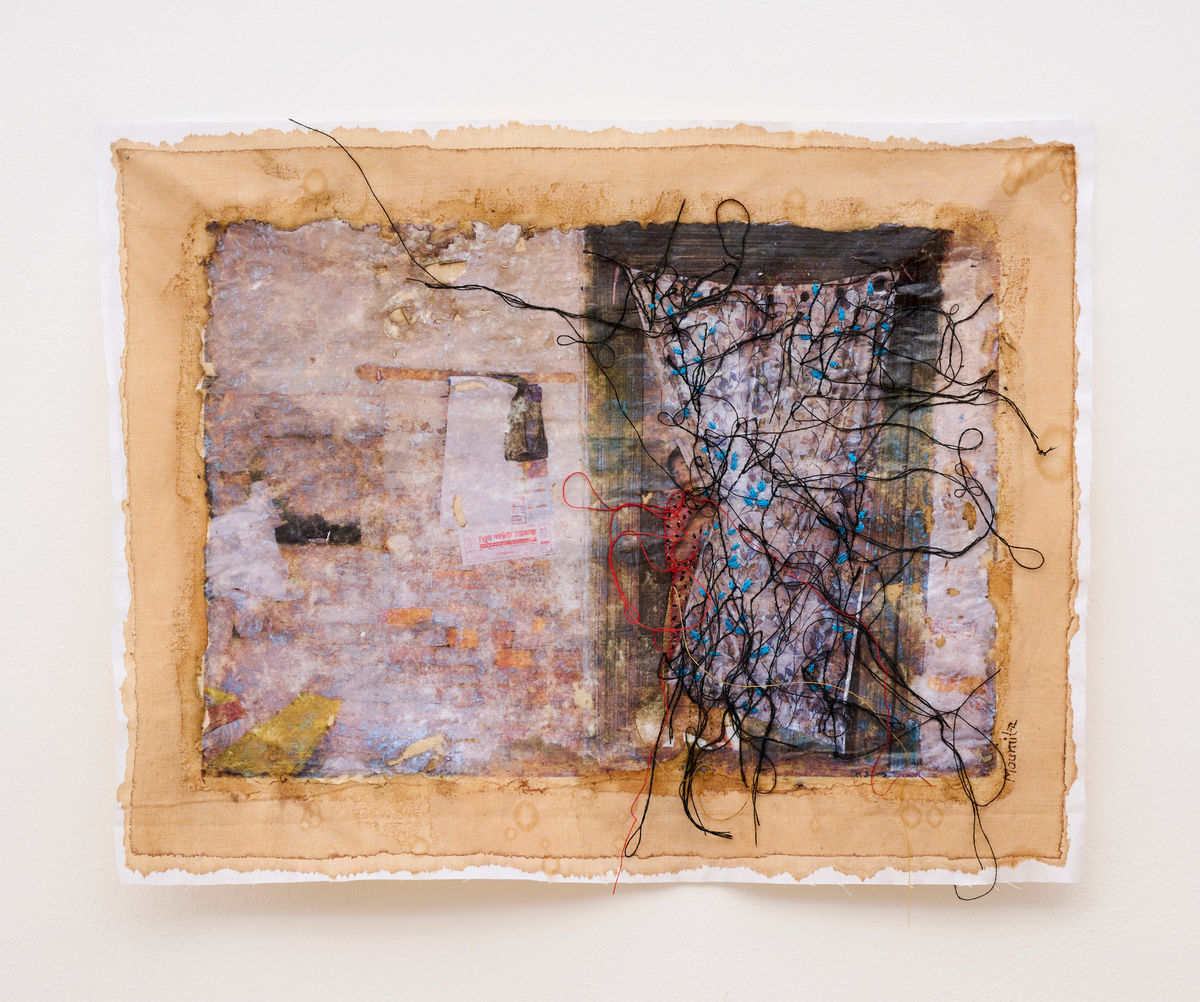 Moumita BASAK The Space Between, 2024 Photo transfer, yarn and hand embroidery on waste cloth 30 x 39 cm