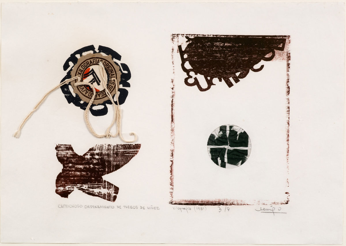 Edgardo Antonio VIGO Caprichoso Ordenamiento de Tuegos de Nìnez [Capricious Order of Childhood Games], 1981 Xylographs and collage with strings 50 x 70 cm Edition 3 of 9