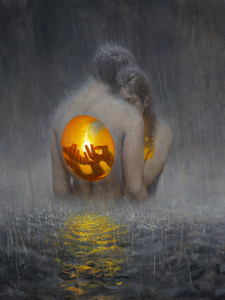 drawing of man and woman embracing each other in a storm, holding a flame inside the man's torso