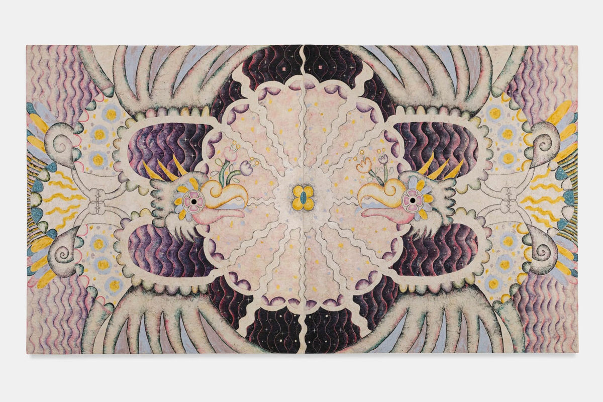 Omar Mendoza, “Noche obsidiana—Obsidian Night,” 2025, Mayan blue, Mayan green, indigo blue, Brazilian wood, Mexican honeysuckle, jonote, zacatlaxcalli, kina, charcoal, turmeric, beet and beeswax on handmade cotton surface, 78 3/4″ × 141 3/4″/Photo: Povos