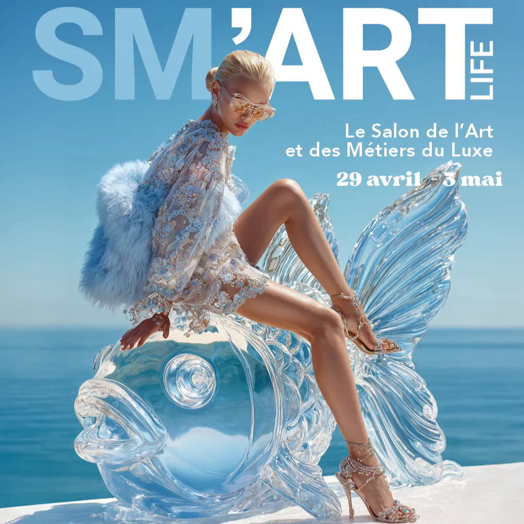 Affiche du salon d’art contemporain SM’ART LIFE 2026 à Aix-en-Provence présentant la participation de la galerie Art Thema avec une sélection de sculptures, peintures et photographies contemporaines.