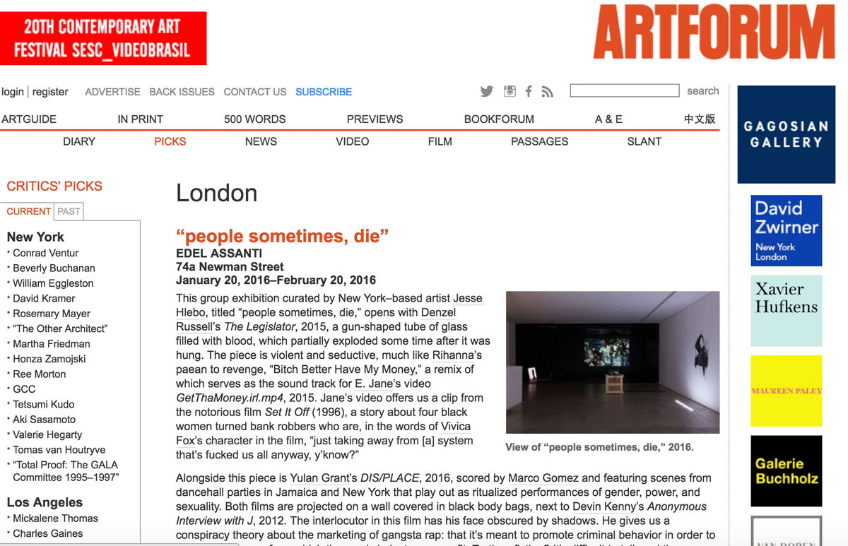 'People sometimes, die' in Artforum