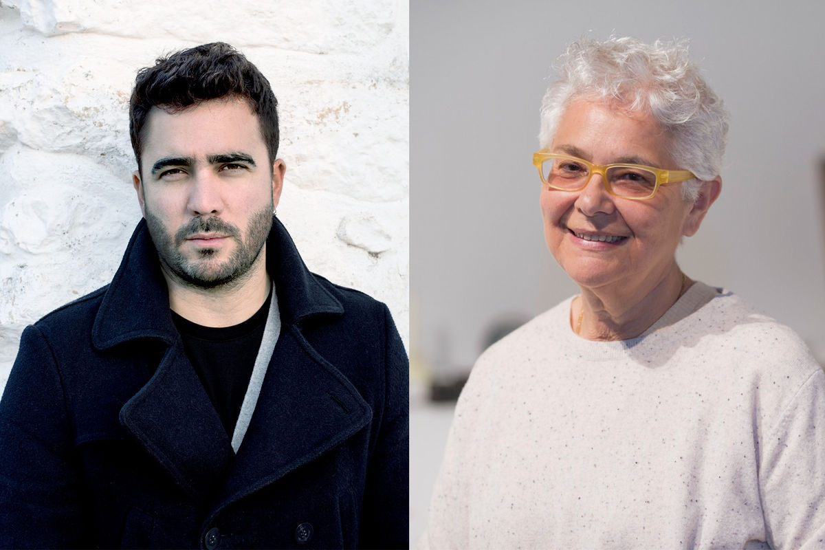 Humberto Moro on the left clad in all black with a stern expression. On the right, Liliana porter sits smiling in a white sweater and yellow framed glasses with short white hair.