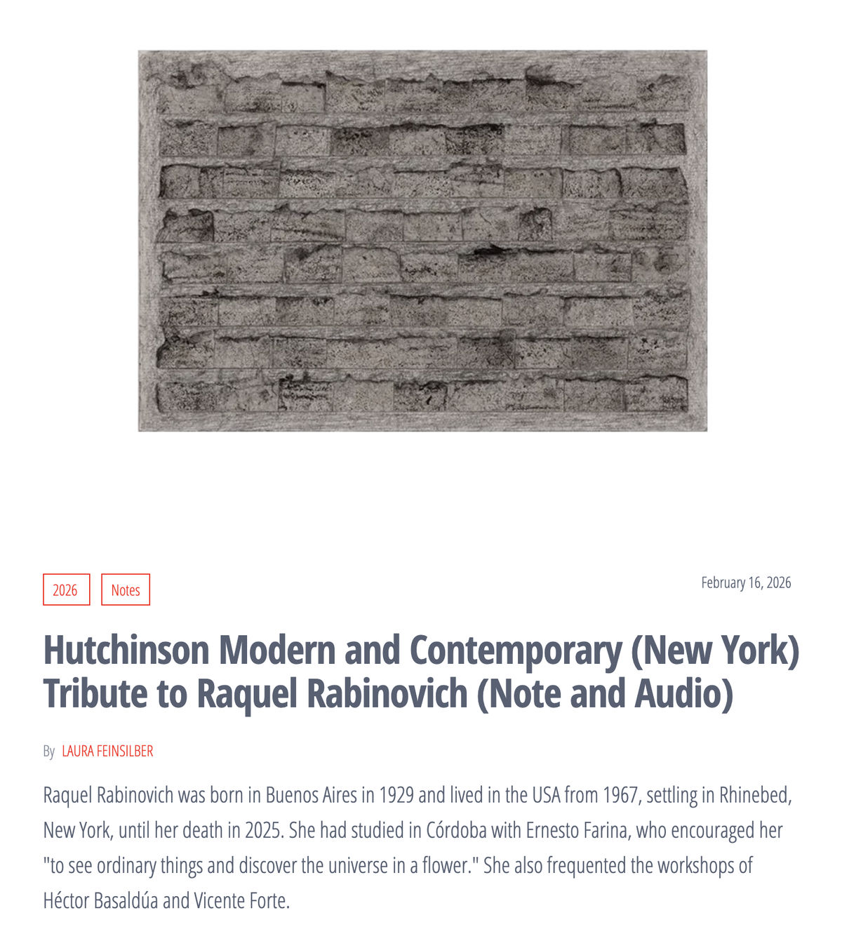 Hutchinson Modern and Contemporary (New York) Tribute to Raquel Rabinovich