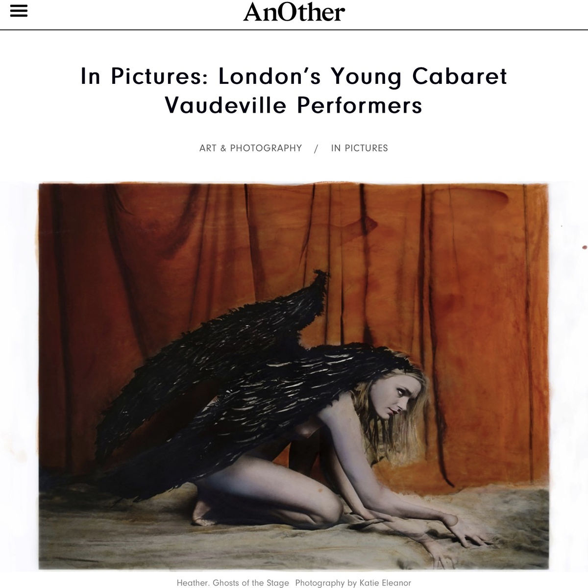Art performer, Falling angel, nude woman with feather wings, photography feature in AnOther Magazine by Katie Eleanor