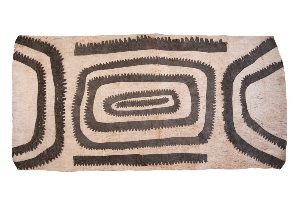 Black and white appliquéd barkcloth - or, 'nioge' - by Omie artist Ilma Savari as featured in the exhibition, Eye of the Sun, at the Rebecca Hossack Art Gallery in November 2022.