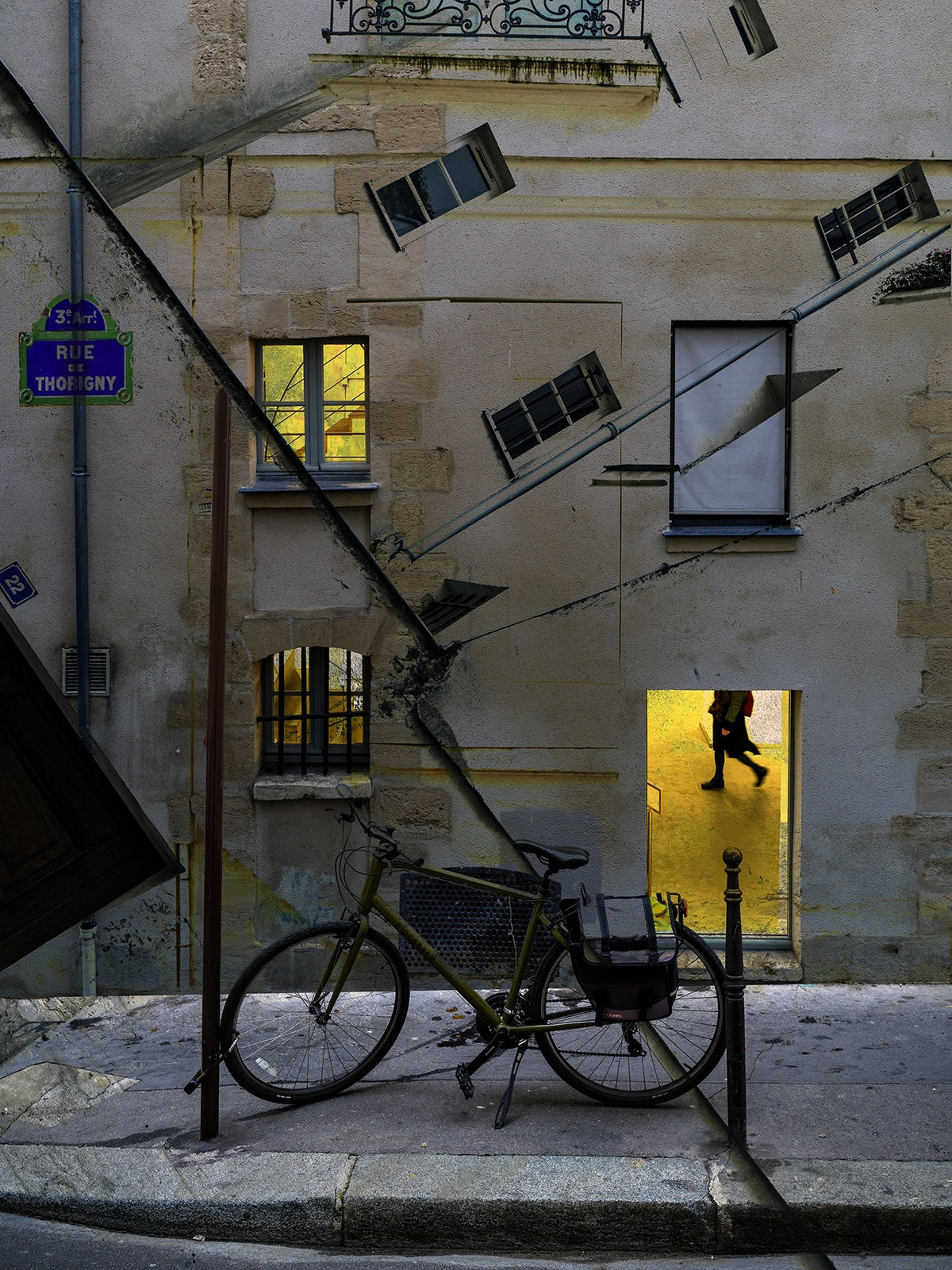 lint Strydom's Bicycle near window in Paris - Layered colour photography taken on a Hasselblad medium format camera