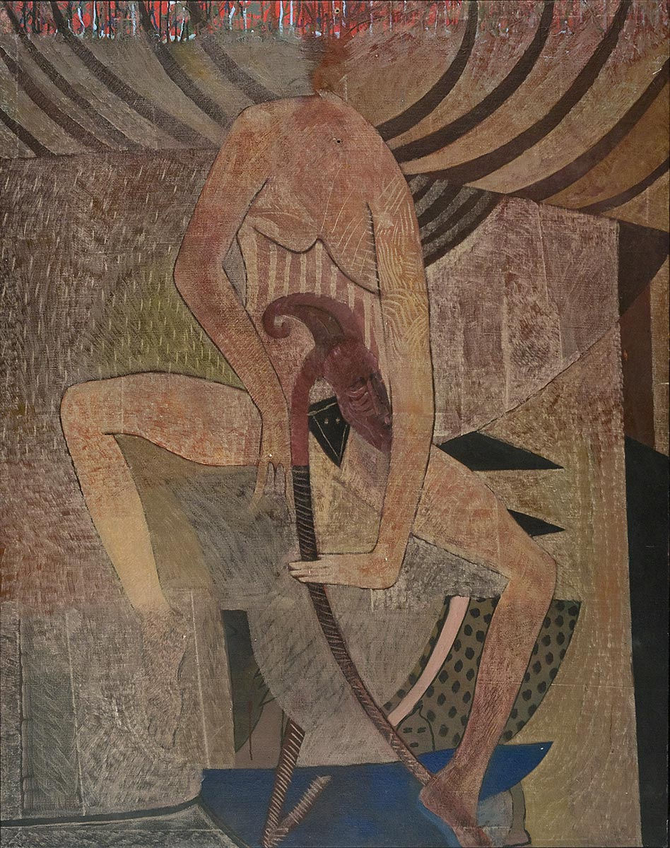 Stylised image of a woman with open legs holding a staff in one of her hands. 