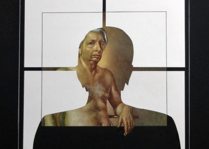 A square collage of two figures in a composition of four equally sized quadrants. 