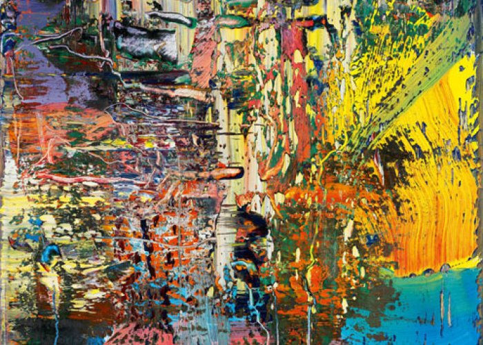 Abstract painting with dense and colorful markings. 