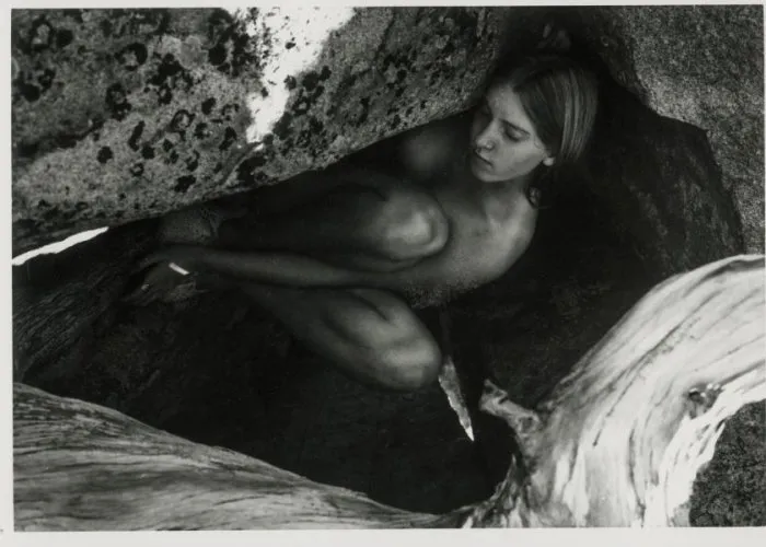 Black and white image of person in the nude sleeping between a boulder and a branch.