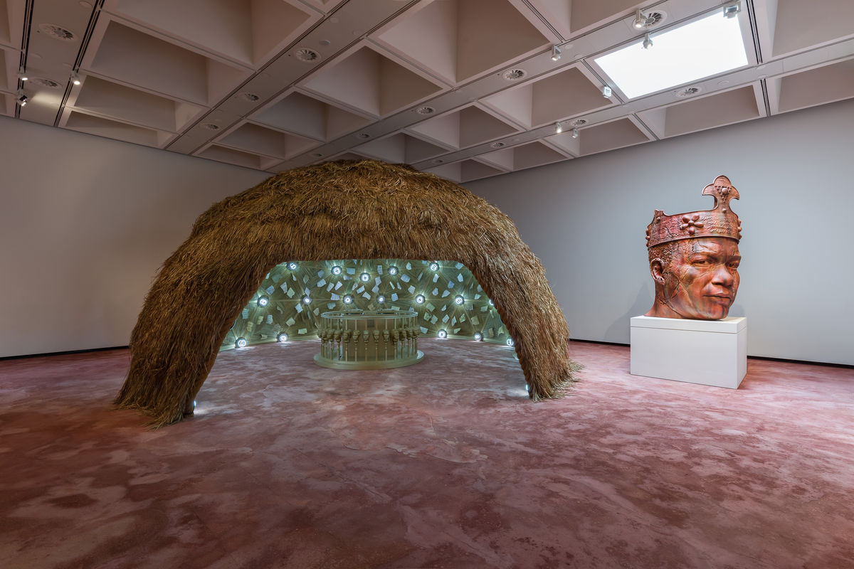 Installation view of Tavares Strachan: There Is Light Somewhere. Intergalactic Palace, 2024, and Ruin of a Giant (King Tubby), 2024. Photo: Mark Blower. Courtesy the artist and the Hayward Gallery.