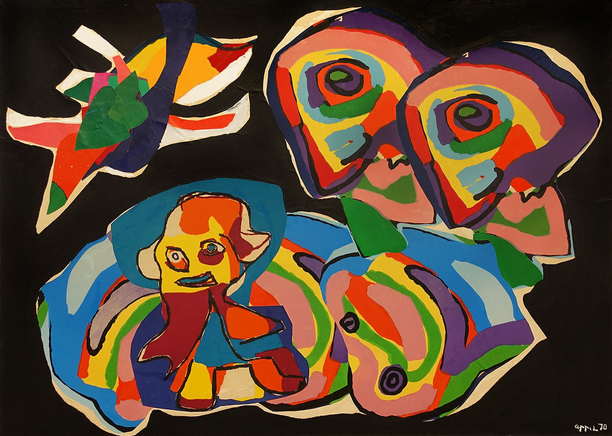 Karel Appel, Personnages et Oiseaux II, 1970, Oil and collage on paper laid down on canvas, 47 3/4 x 63 3/8 inches