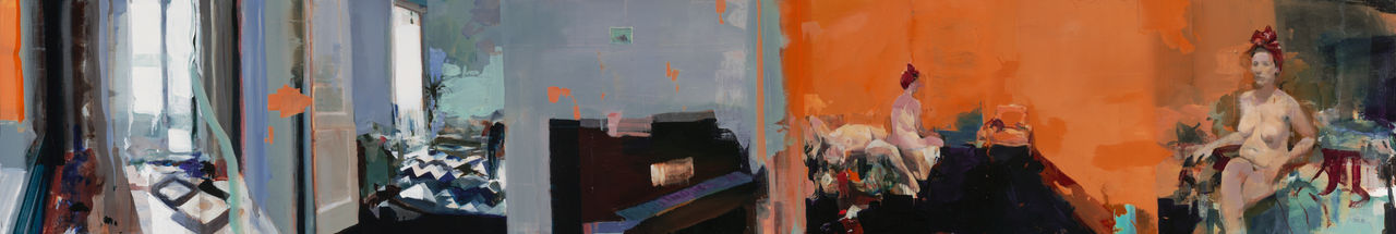 Alex Kanevsky, Lulu in Madrid (Twice), oil on board, 12 x 72