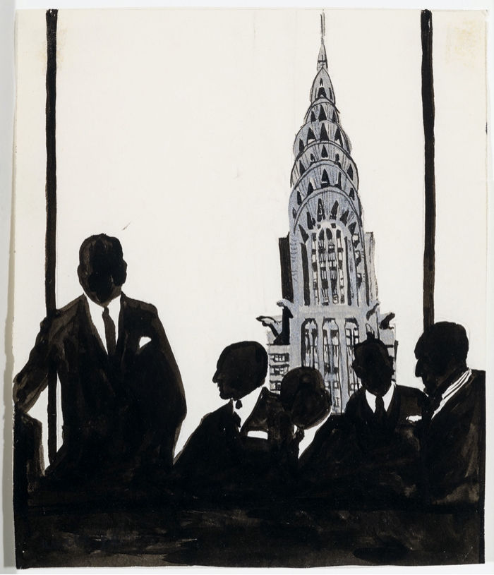 Idelle Weber, Uptown Men, 1962. Tempera on paper, 4 ¾ x 4 in. (12.1 x 10.2 cm). Private collection, Houston. © Estate of Idelle Weber. Photo: Paul Hester