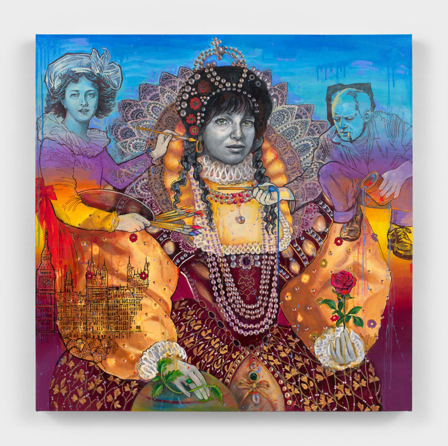 Audrey Flack (American, 1931–2024). A Brush with Destiny, 2023, acrylic and mixed media on canvas, 40 x 40 in. Courtesy Hollis Taggart.