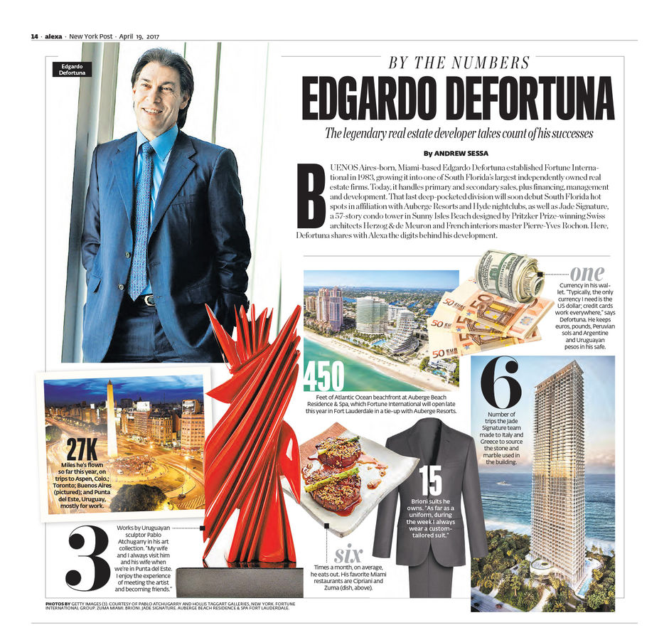 PHOTOS BY GETTY IMAGES (3). COURTESY OF PABLO ATCHUGARRY AND HOLLIS TAGGART GALLERIES, NEW YORK. FORTUNE INTERNATIONAL GROUP. ZUMA MIAMI. BRIONI. JADE SIGNATURE. AUBERGE BEACH RESIDENCE & SPA FORT LAUDERDALE.