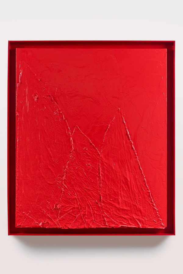 John Knuth, Under the Red Volcano, 2022, Enamel and rattlesnake venom on canvas 38 x 32 in (96.5 x 81.3 cm), 41 1/2 x 35 1/2 in (105.4 x 90.2 cm) (framed)