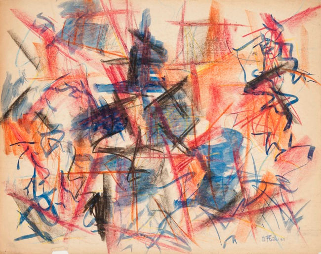 Audrey Flack, Weehawken Ledger, 1951, Crayon and watercolor on paper, 18 1/2 x 23 1/2 inches
