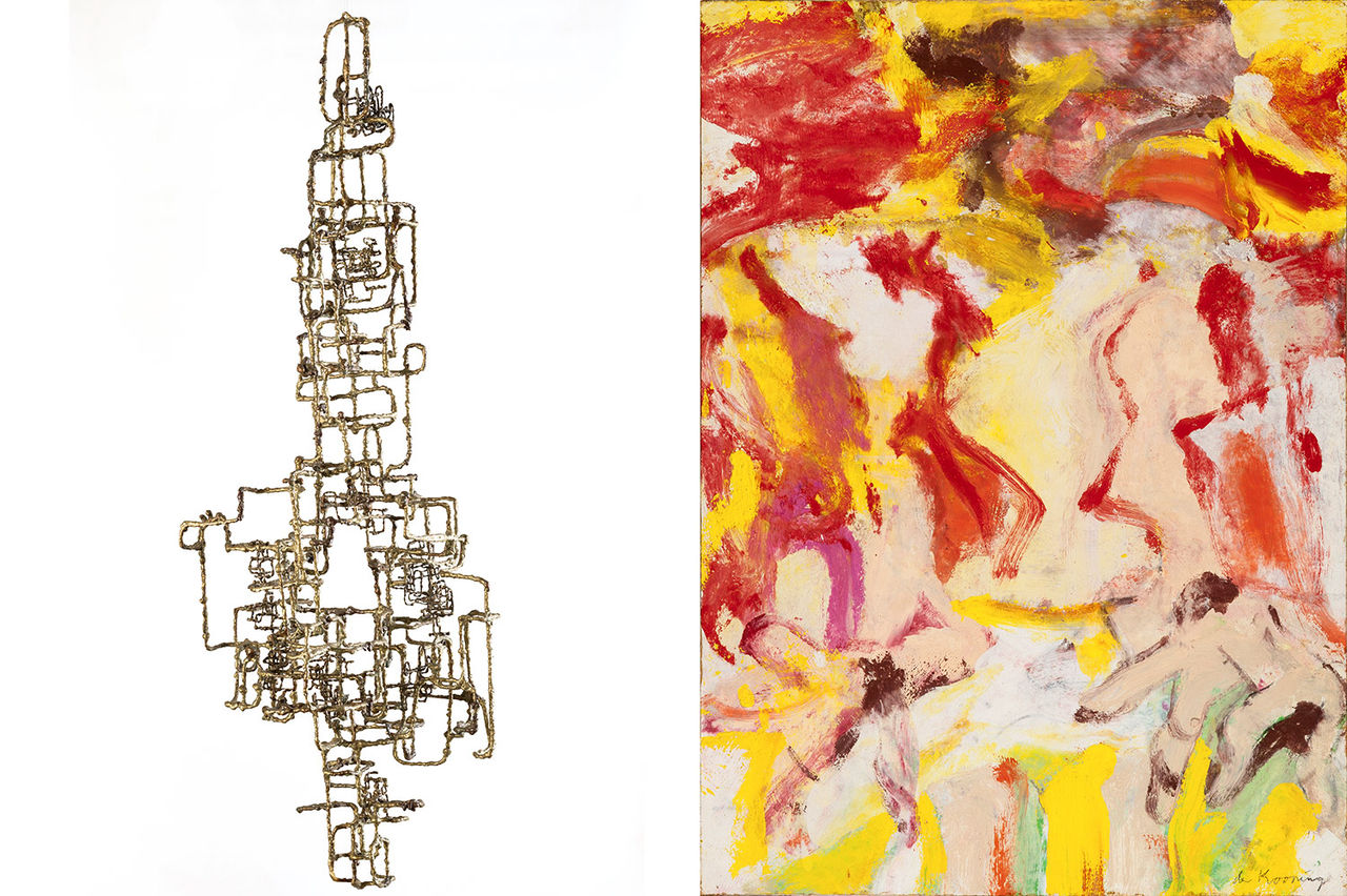 Ibram Lassaw’s sculpture “Morning Star” from 1954/Willem de Kooning’s untitled painting from 1974 reflects the lyrical color relationships and broader and flatter brushstrokes of his later work. Gary Mamay Photos