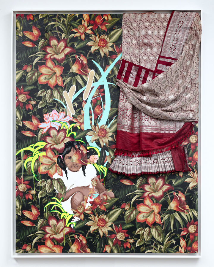Suchitra Mattai, Demerara Dreams, 2019, gouache, acrylic, my Mother’s sari, and fabric, 66” x 52”