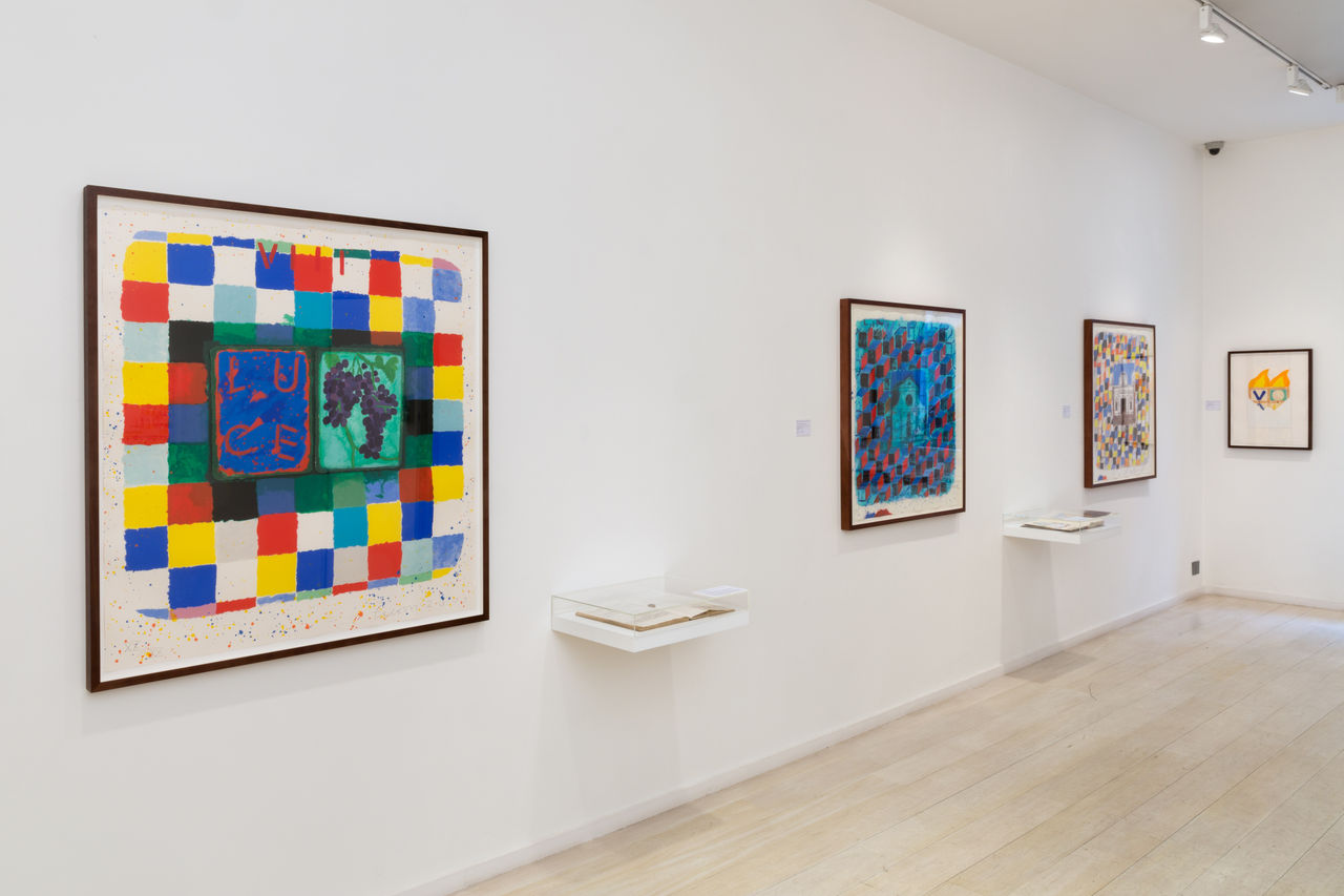 Installation view of Joe Tilson | Words and Images: The Notebooks at Alan Cristea Gallery, London, 2016. Photo: Peter White.