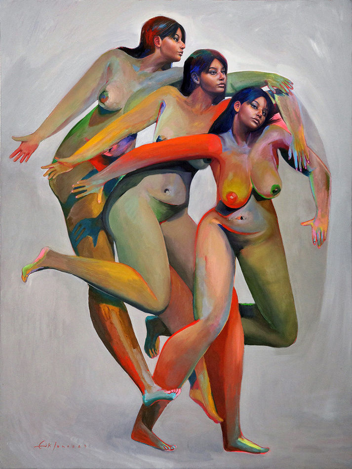three nude figures with the same face and colorful bodies