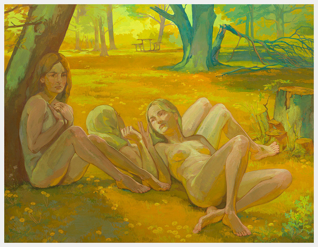 Painting of three naked women laying on the ground under trees with their heads resting on each others legs.
