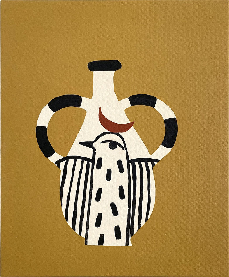 off white vase with a black bird design on a yellow background