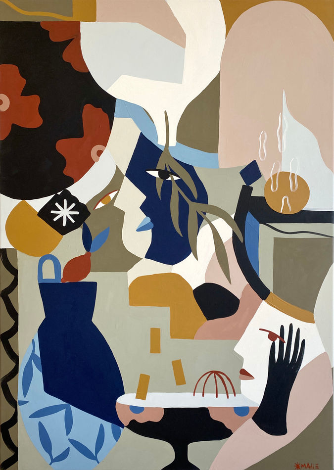 Madi painting of abstracted and cubist figures and vessels in jewel / earth tones