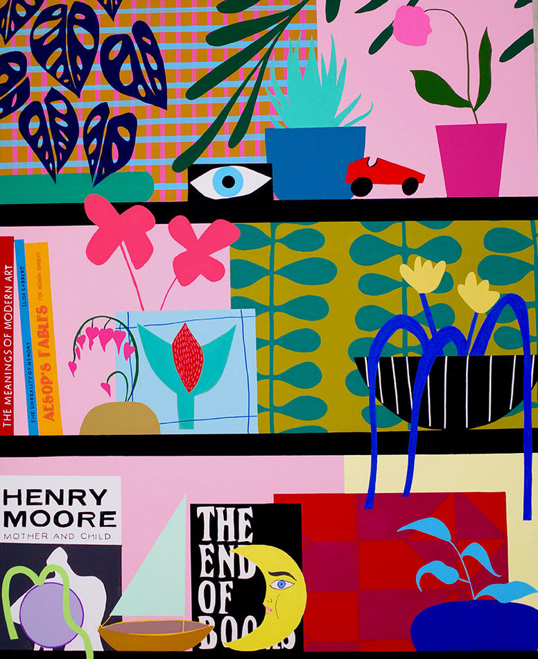 Still life painting of a shelf with several books, a blue eye, a red car, several vases with plants and flowers.